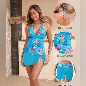 Yonique 2 Piece Swimsuit Halter Tankini Top w/ Skirt Bottom V Neck Bathing Suit